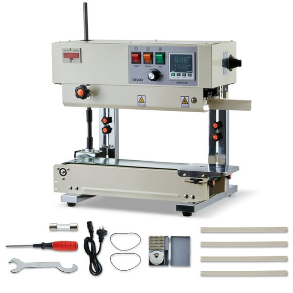 VEVOR Continuous Bag Band Sealing Machine, 0.24-0.47 in Seal Width, Vertical Band Sealer Machine with Roller Printing , Temp & Speed Adjustable