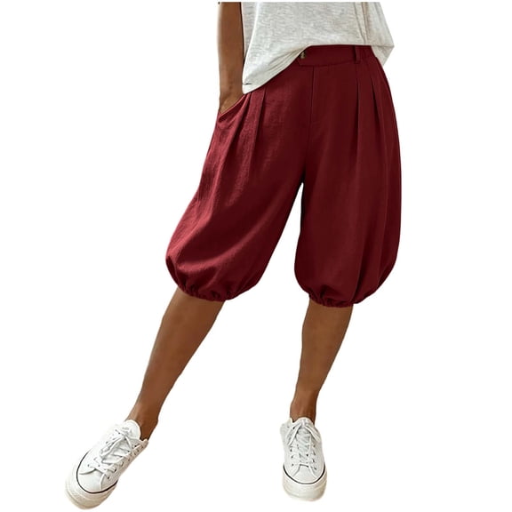 Qgtaibl Women High Waisted Balloon Shorts Casual Loose Fit Pleated Knee Length Shorts with Pockets Summer Solid Color Outdoor Tapered Shorts Red S
