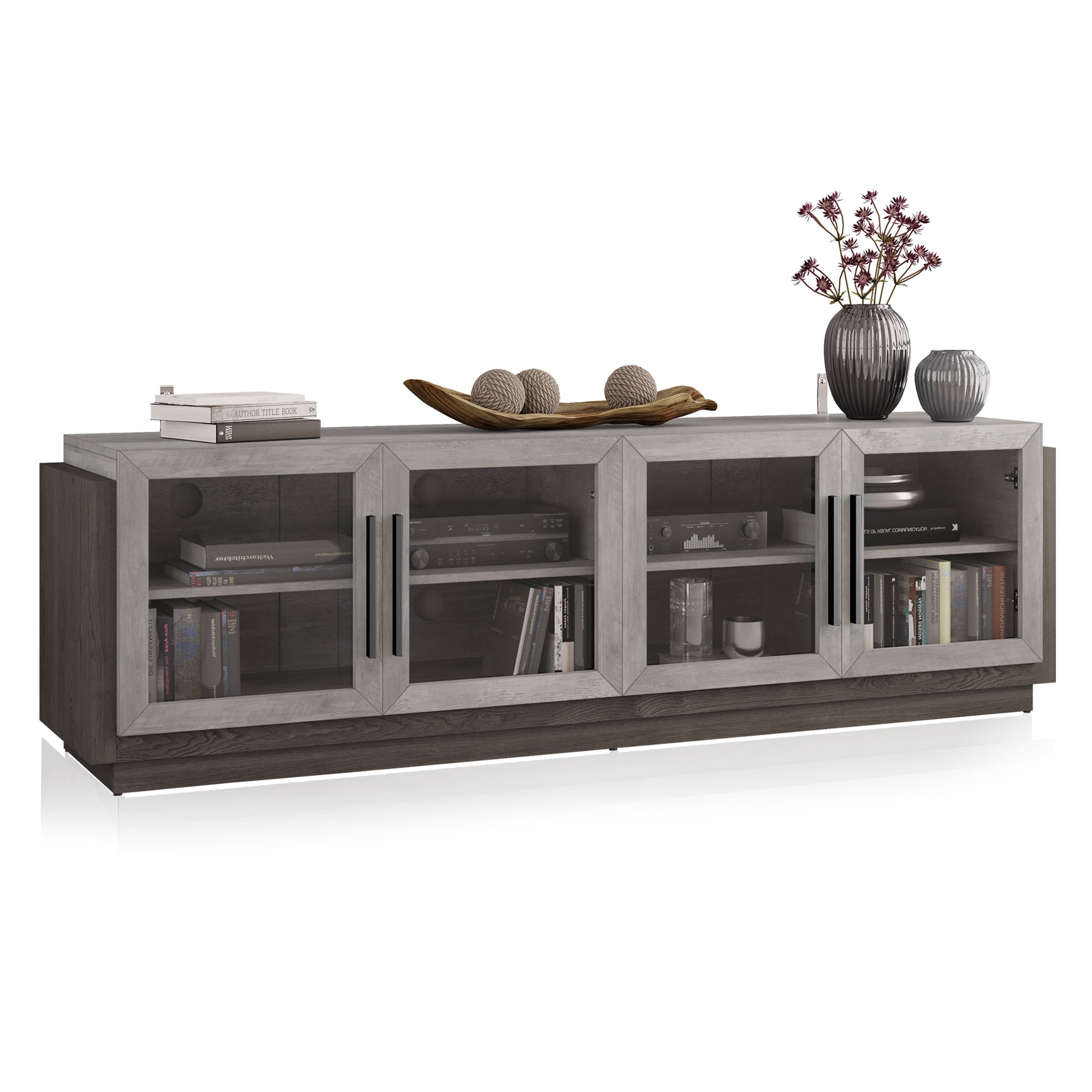 BELLEZE 70" TV Stand for TVs up to 75", Modern TV Stand & Entertainment Center with Shelves, Wood Storage Cabinet for Living Room or Bedroom - Brixston (Grey)