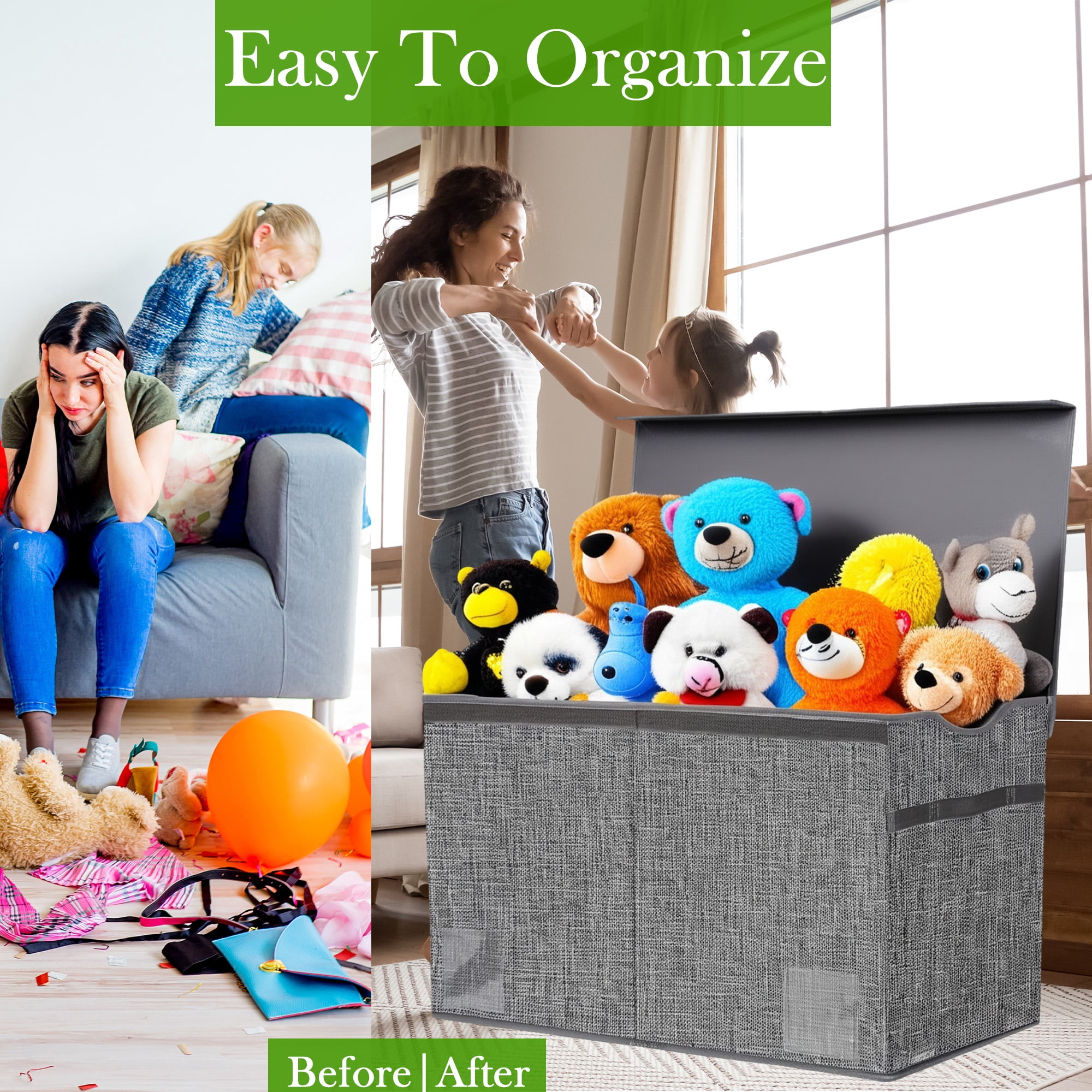 VICTORICH Extra Large Children's Collapsible Toy Storage Fabric 32 gal Kids Room Toy Chests with Lid, Gray