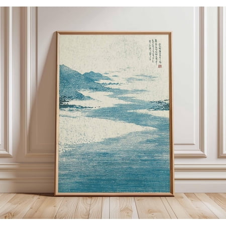 Japanese River Landscape Print Blue Ink Mountain Art Asian Zen Decor