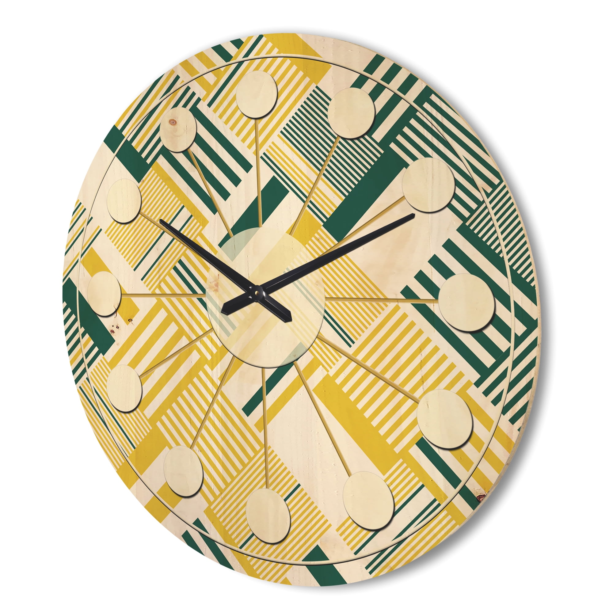 Designart 'Abstract Yellow and Green Diagonal Stripe Pattern' Mid-Century Modern Wood Wall Clock