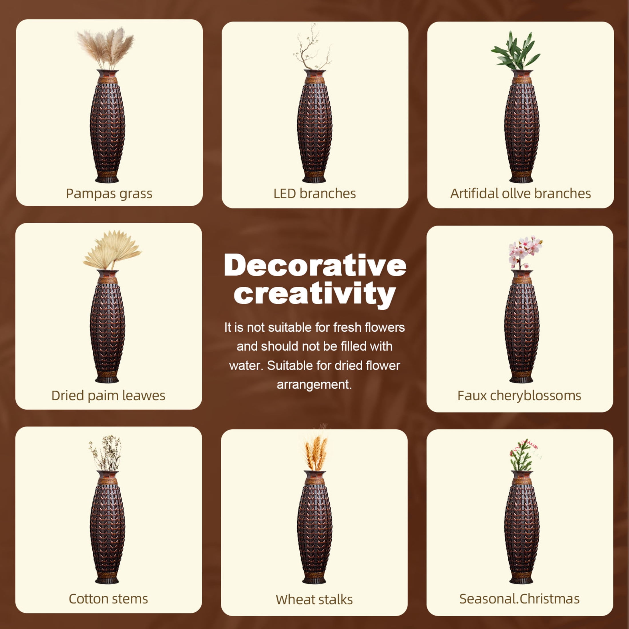 Noble House 38.97" Tall Handwoven Bamboo Floor Vase, Natural Woven Decorative Vase for Home Decor, Brown