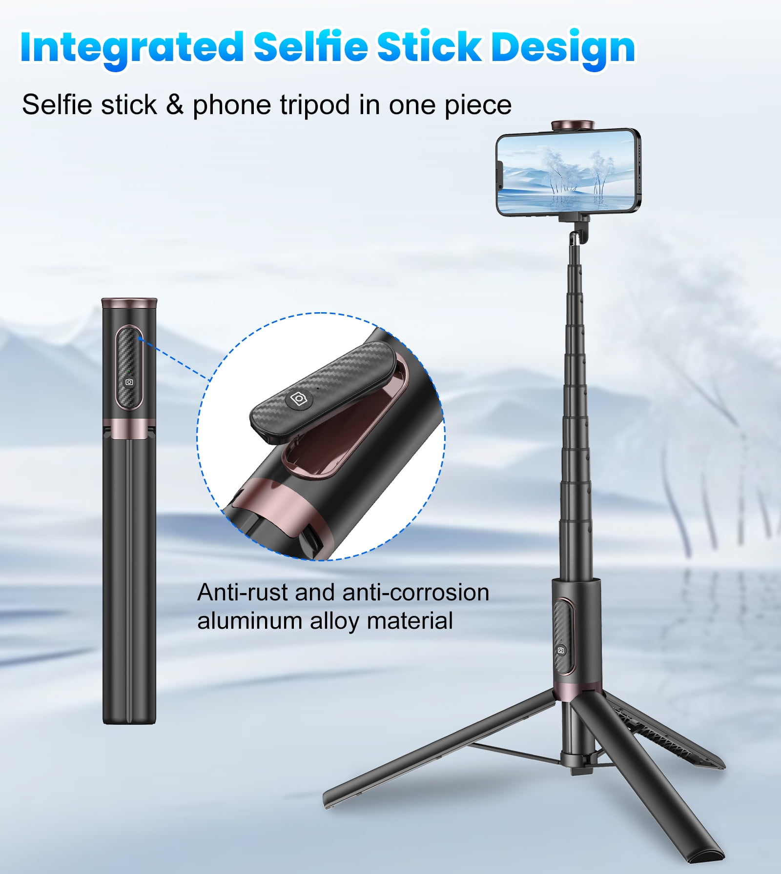 TONEOF 67" Phone Selfie Stick Tripod Stand All-in-1Portable with Integrated Wireless Remote for iPhone/Android(Black)