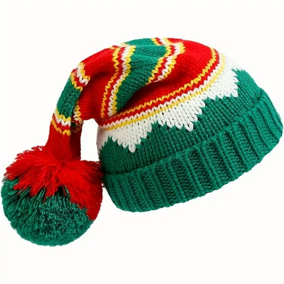 Christmas Party Hat - Red White Green Striped -Like Beanie with Poinsettia Flower-like Pom-Pom, Lightweight Warm Unisex Winter for Xmas, New Year's, & Holiday Costumes