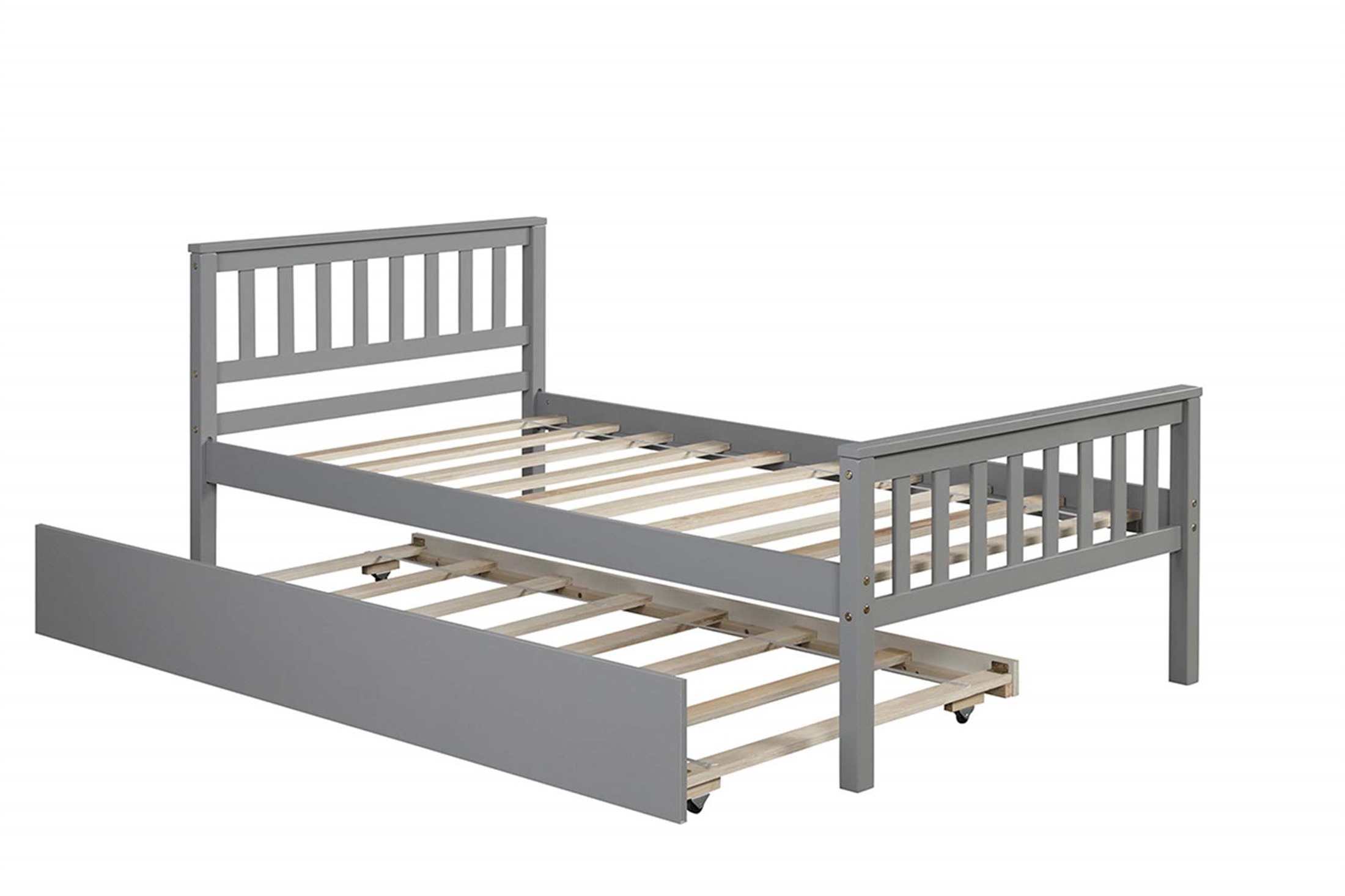 Wooden Twin Bed Frame with Trundle, Headboard and Footboard,  No Box Spring Needed, Grey