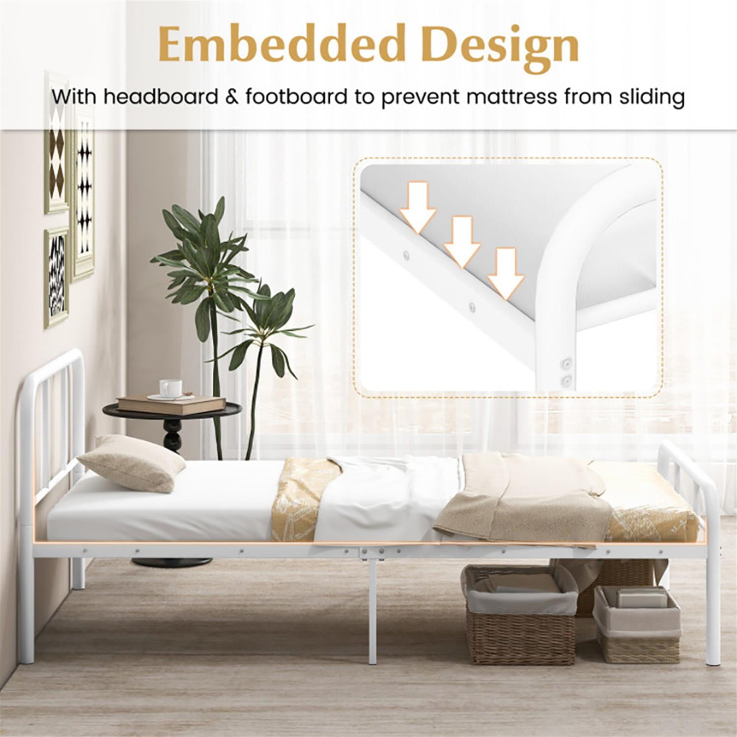 Demi Bonn Modern Metal Bed Frame Platform Mattress with Headboard and Footboard, Under Bed Storage, No Box Spring Needed, White