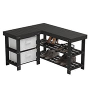 SinFoxeon Solid bamboo shoe bench with drawers, L-shaped removable 3-tier storage shelf seat shoe organizer entrance hallway