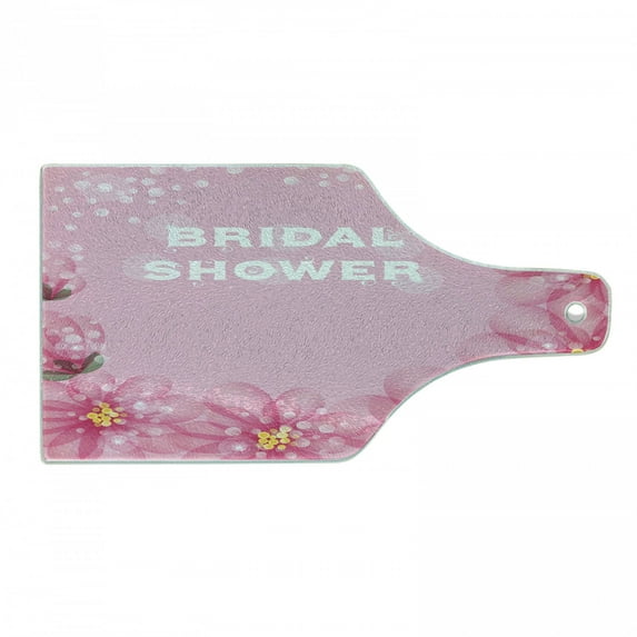 Bridal Shower Cutting Board, Wedding Theme Flowers with Abstract Petals and Dots Image, Decorative Tempered Glass Cutting and Serving Board, Wine Bottle Shape, Hot Pink and Pale Pink, by Ambesonne