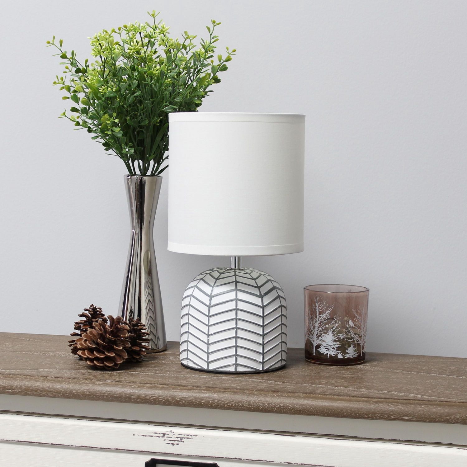 Simple Designs 10.43 "Petite Contemporaine Webbed Waves Base Lampe de chevet avec abat-jour en tissu blanc pour la décoration intérieure, la chambre à coucher, le salon, l’entrée, le bureau