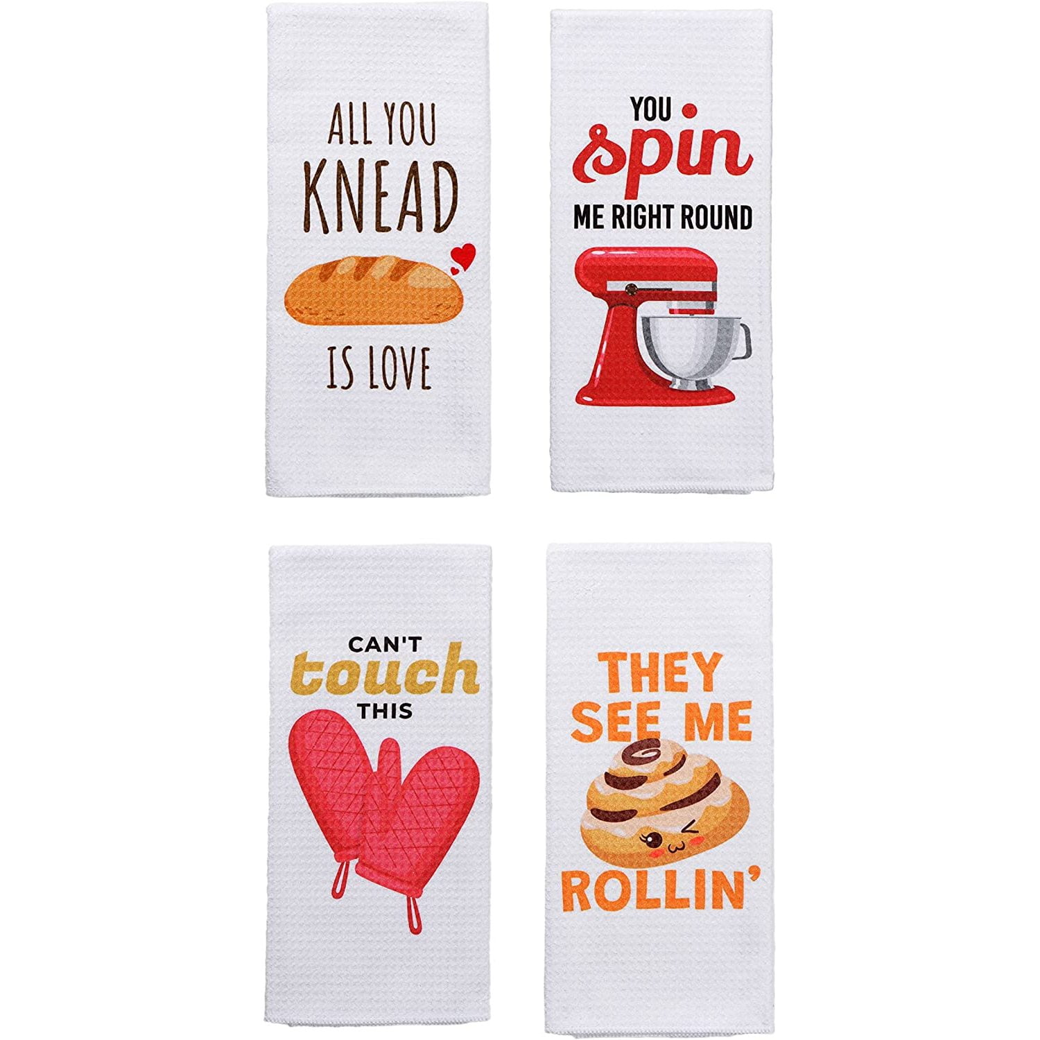 Rainleaf 4 Pack Waffle Funny Kitchen Towels,Absorbent Dishcloths Sets with  Saying,Cute Waffle Weave Towel as Decorative Dish Towels, Hand Towels,Flour