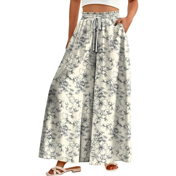 WTOBBY Women's Floral Print High Waist Wide Leg Palazzo Pants Casual Flowy with Pocket, Designed for Casual Outings, Weekend Getaways and Comfortable All-Day Wear,Beige L