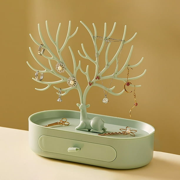 Christmas Reindeer Jewelry Organizer Display Stand with Drawer,Multi-Functional Storage Rack for Earrings Necklaces Rings Bracelets,Decorative Vanity Dresser Top Holder,Plastic Jewelry Box Organizer