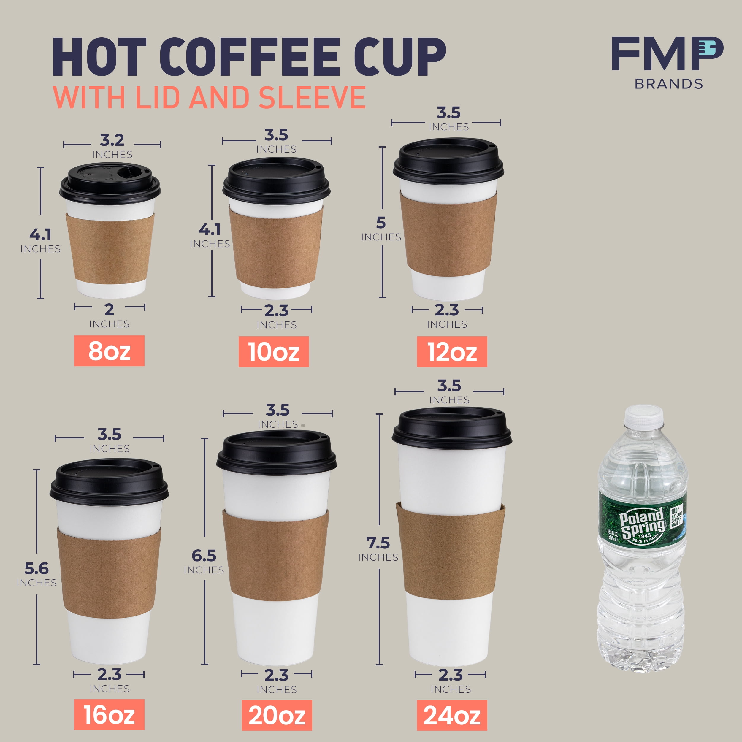 50 Pack] 8 oz Hot Beverage Disposable White Paper Coffee Cup with Black  Dome Lid and Kraft Sleeve Combo, XX Small 