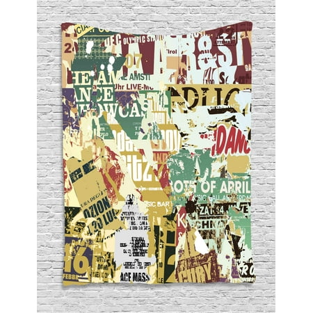Retro Tapestry, Grunge Style Collage Print of Old Torn Posters Magazines Newspapers Paper Art Print, Wall Hanging for Bedroom Living Room Dorm Decor, Multicolor, by