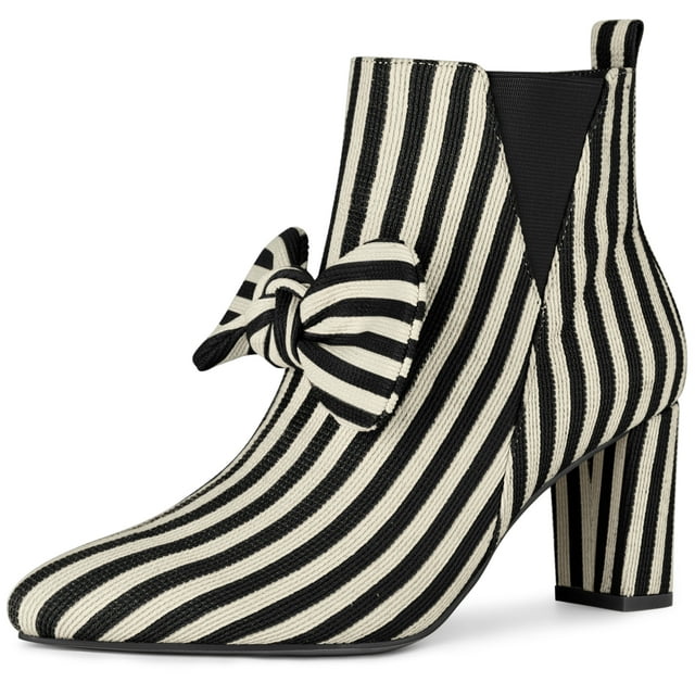 Unique Bargains Women's Pointed Toe Striped Bow Chunky Heels Ankle Boots