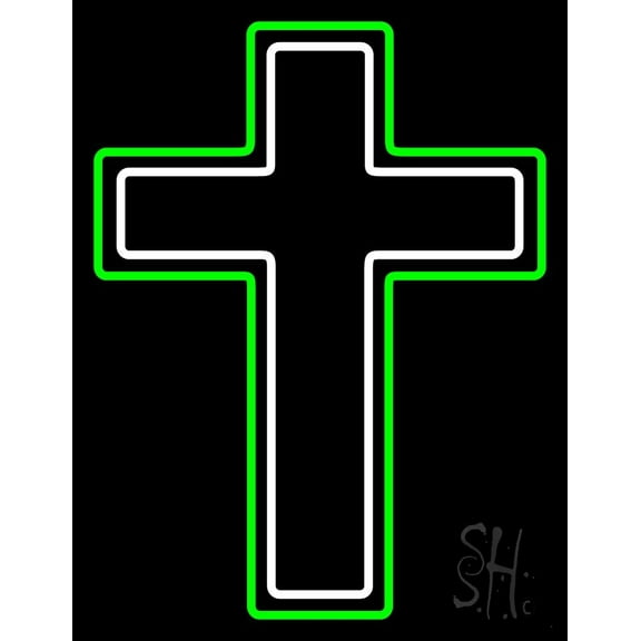 Green And White Christian Cross LED Neon Sign 19" Tall x 15" Wide - inches Black Square Cut Acrylic Backing, with Dimmer - Premium built indoor Sign for Home décor, Religious place, Store interior.