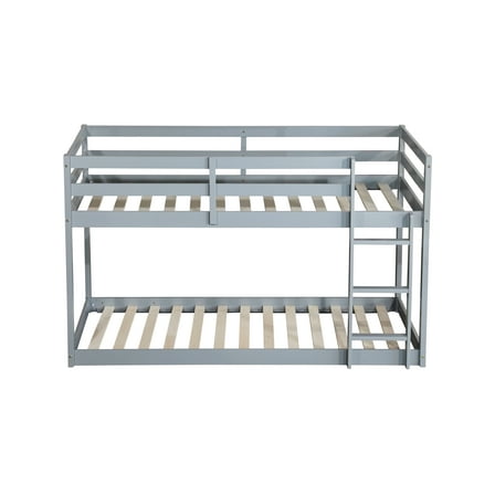 Solid Wooden , Solid Rubber Wooden Twin over Twin Floor Bunk Bed with Ladder ,Upper and Bottom Bed Platforms crafted with Strengthened Slats ,Grey