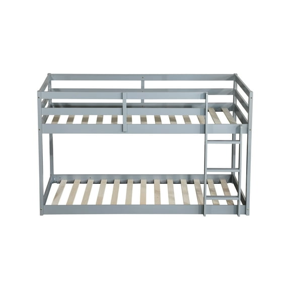 Solid Wooden , Solid Rubber Wooden Twin over Twin Floor Bunk Bed with Ladder ,Upper and Bottom Bed Platforms crafted with Strengthened Slats ,Grey