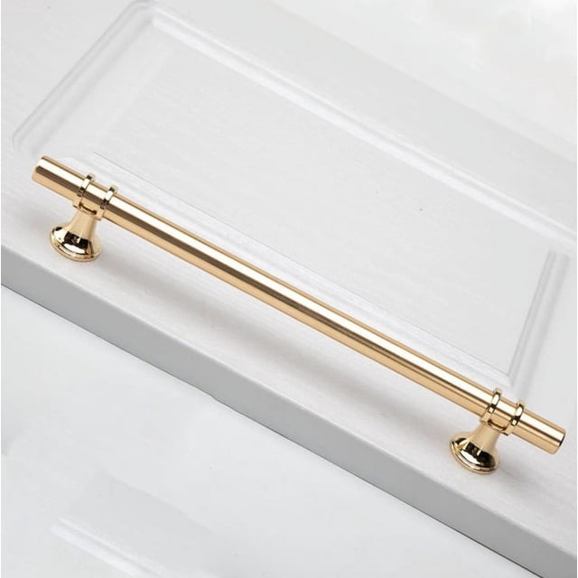 6 manijas doradas para muebles, manija dorada de barra con paso de orificio 192 mm, vista frontal en primer plano de barra tubular de latón pulido con dos soportes cónicos y bases redondas, tamaño 300×12×32 mm, incluye 6 tiradores y 12 tornillos; ideal para puertas de cocina, cajones y alacenas.