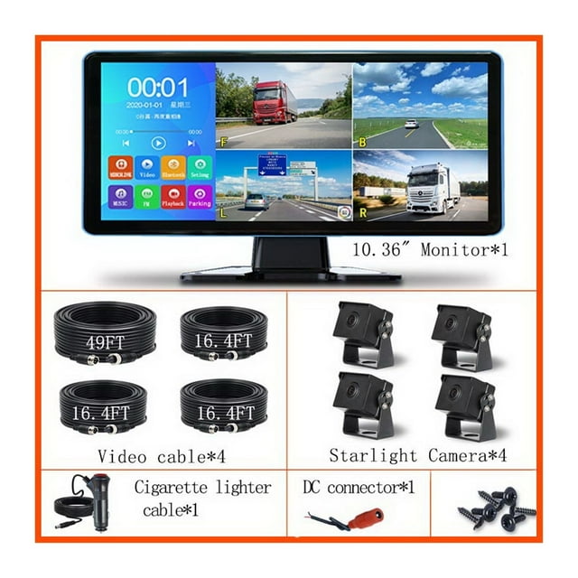 10.36 " Touch 4 Channels Split Screen Car MP4 Recorder Monitor With AHD Backup Camera DVR For Truck Bus Pickup Trailer ,Clear Images