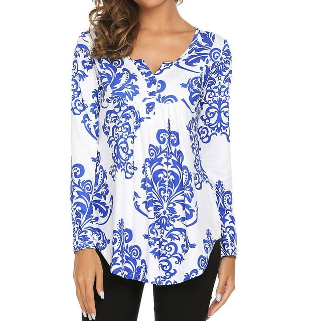 Pntutb Mujeres Moda Impreso Casual V-Cuello Manga Larga Camiseta Suelta Blusa tops Pntutb Pntutb-3931