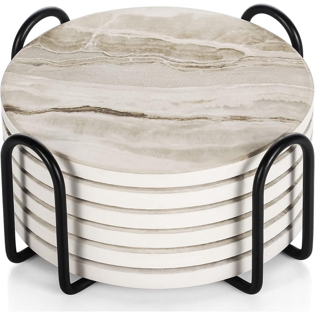 Set de 6 Posavasos Absorbentes de Cerámica Estilo Mármol Negro con Soporte Organizador