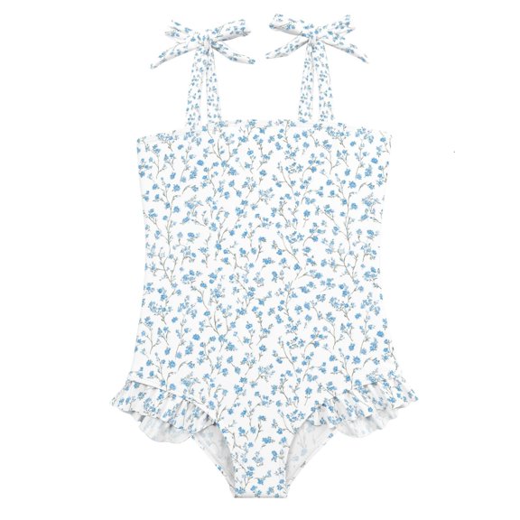 Girls One-Piece Swimsuit Quick Dry Bathing Suit with Bowknot Straps for 18M Small Blue Floral Pattern