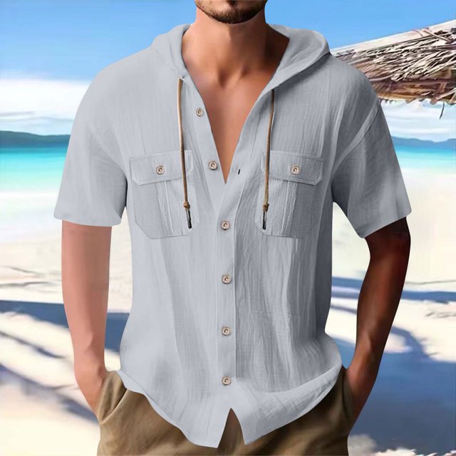 pstuiky camisetas camisas para hombre, Blusa informal de manga corta con capucha, botones y bolsillo con cordón de color sólido para hombre. camisetas de hombre xxl