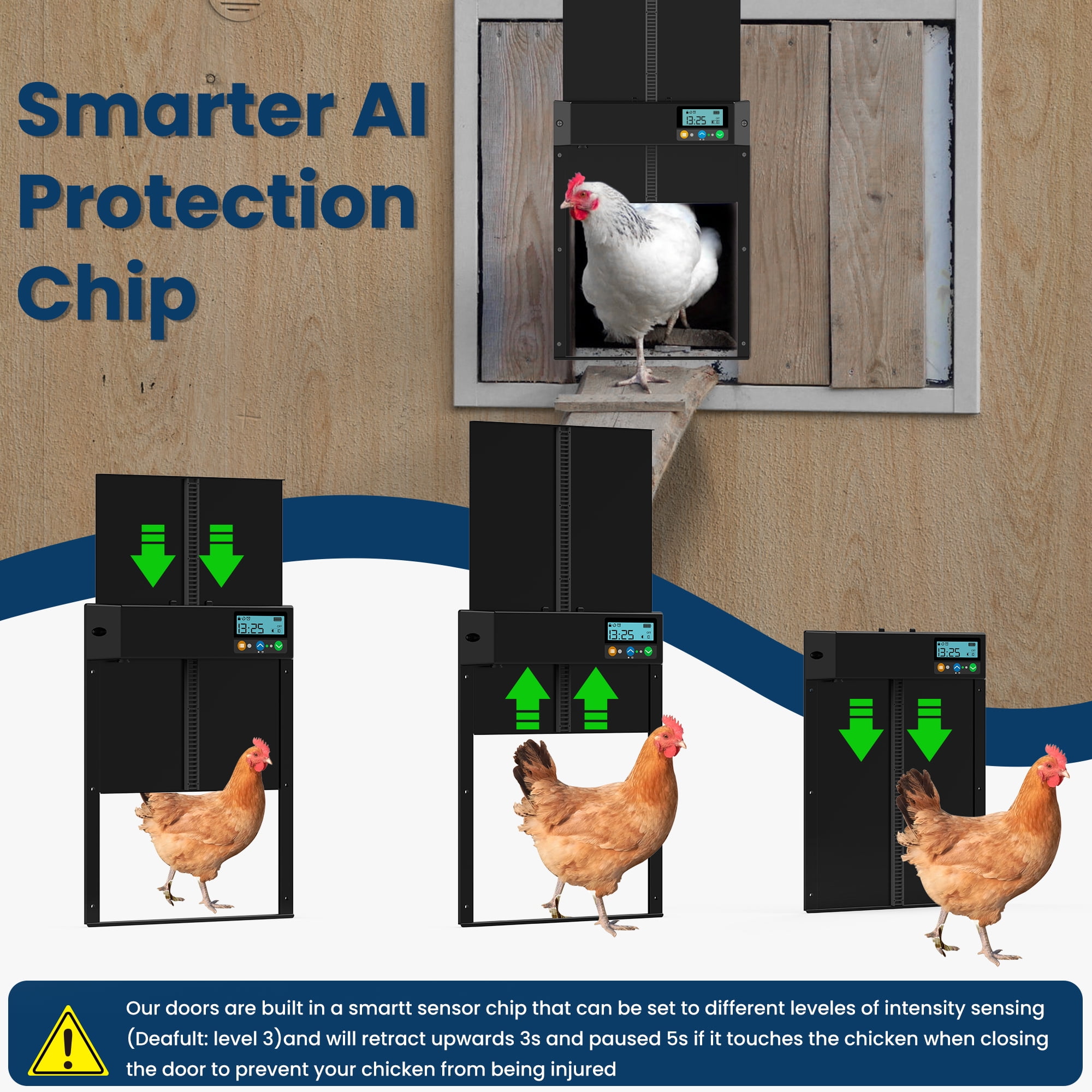 Solar Automatic Chicken Coop Door, Mollan Chicken Coop Door Opener with LCD Screen, Light Sensor/ Timer/ Remote Control Auto chicken Doors, Anti Pinch Waterproof Coop Door, Ideal for Chicken Breeding