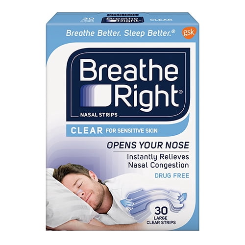 Breathe Right Nasal Strips Clear Large, 30 Drug-Free Strips for Sensitive Skin (pack of 6)