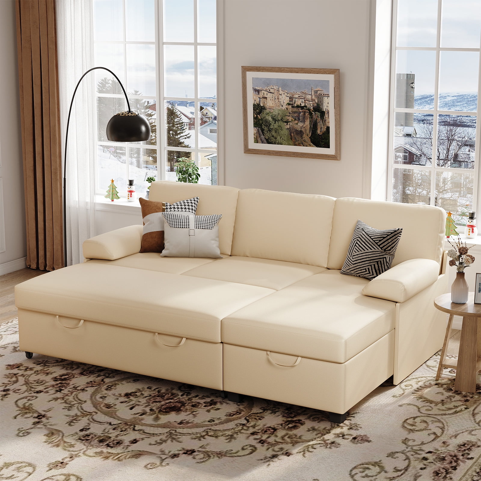 COPIAE 80” L Shaped Sofa Sleeper, 2 in 1 Pull Out Sofa Bed with Upholstered Cushion, Faux Leather Couch with Storage& Removable Armrest, Modern Comfort Sectional Couch Bed for Living Room Bedroom