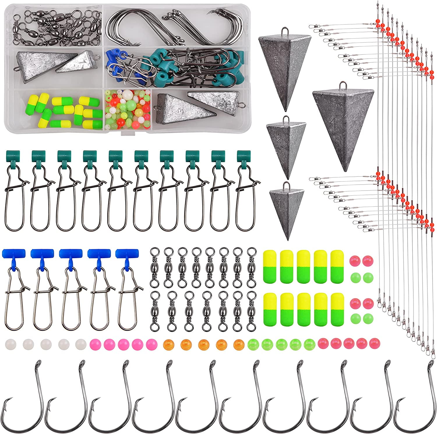 78Pcs Saltwater Surf Fishing Kit Fish Pompano rig,Tackle Box Included  Fishing Hooks Rig Floats Pyramid Sinker Weights Sinker Slider Beads for  Salt