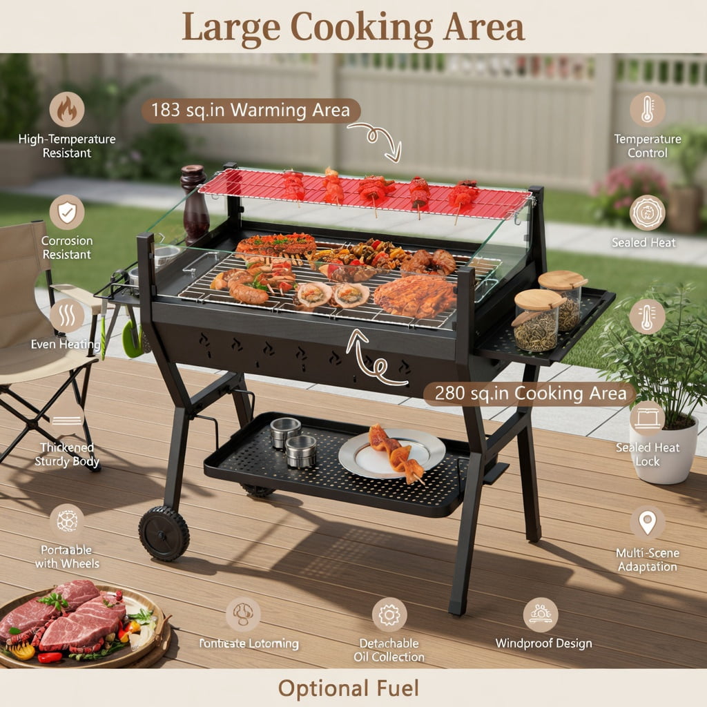 Resenkos Outdoor Patio Barbecue Cooker, Outdoor Grills,Barbecue Charcoal Grills with Wind Guard Seasoning Racks-Black