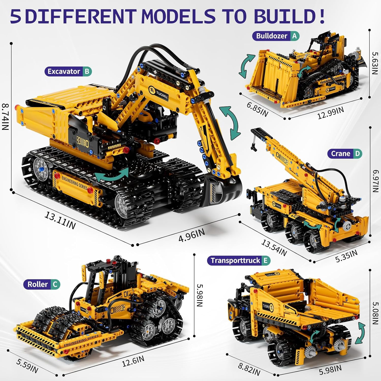 Technic robot building block compatible with Lego-technic,5 in 1 STEM Building Block Set Remote Control and AppControlledExcavator/Crane/Truck/Bulldozer/Roller, Programable Technic-project robots