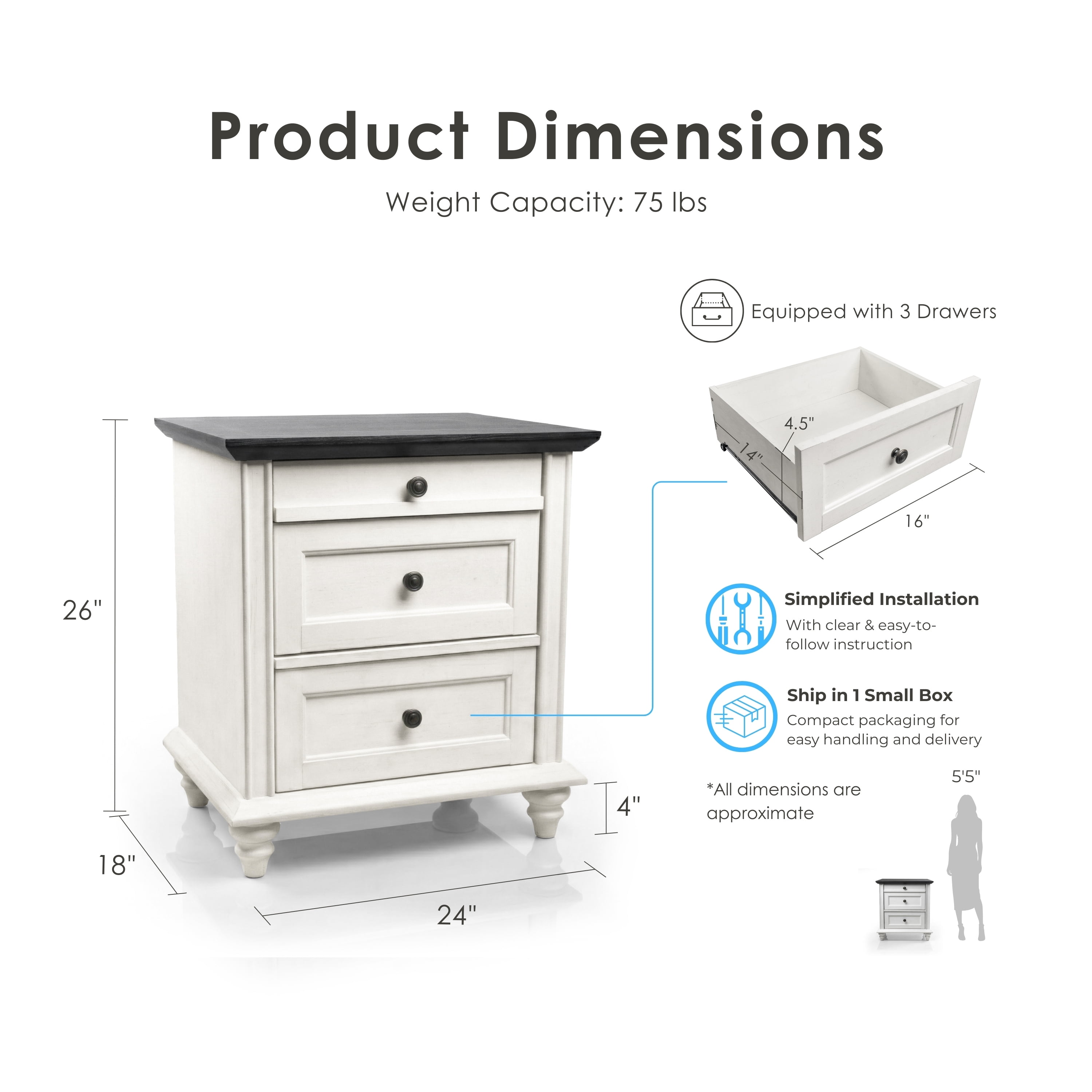 Furniture of America Calix Traditional Wood 3-Drawer Kids Nightstand, White