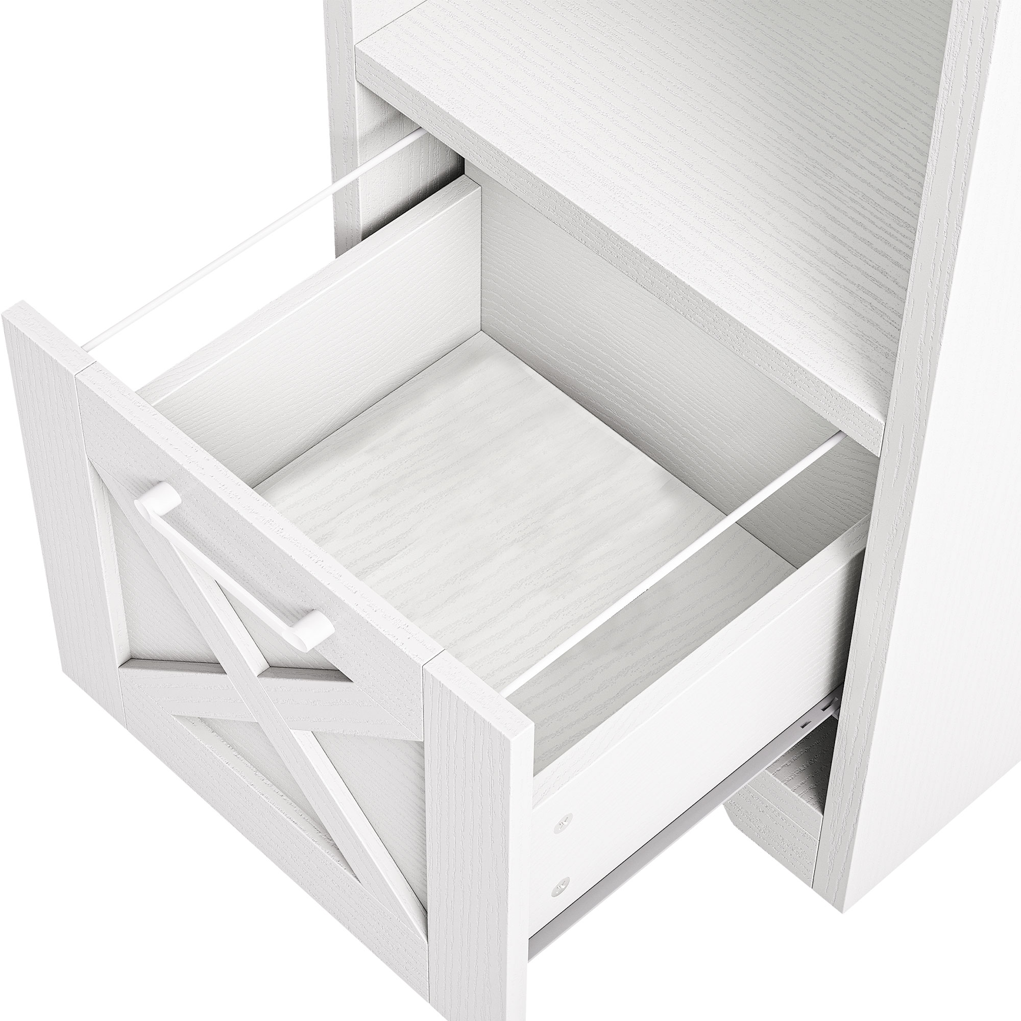 ModFusion 59 Inch L Shaped Corner Computer Desk with Power Outlets & USB Ports, Office Desk with File Drawer, Monitor Stand & Storage Shelves, White