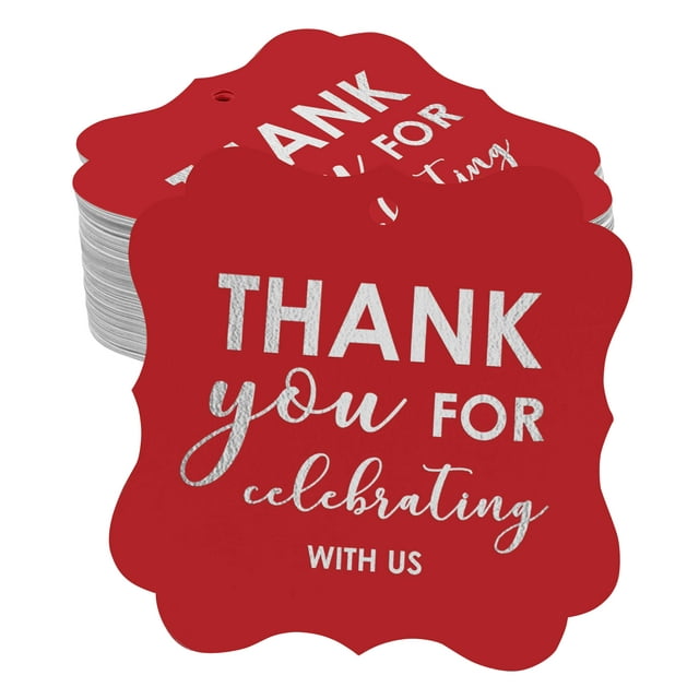 Inkdotpot Pack Of 50 Thank You For Celebrating With Us Bridal Shower-Baby Shower-Retirement-Wedding-Birthday Paper Tags DIY Craft Bracket Shape Real Silver Foil Hang Tags