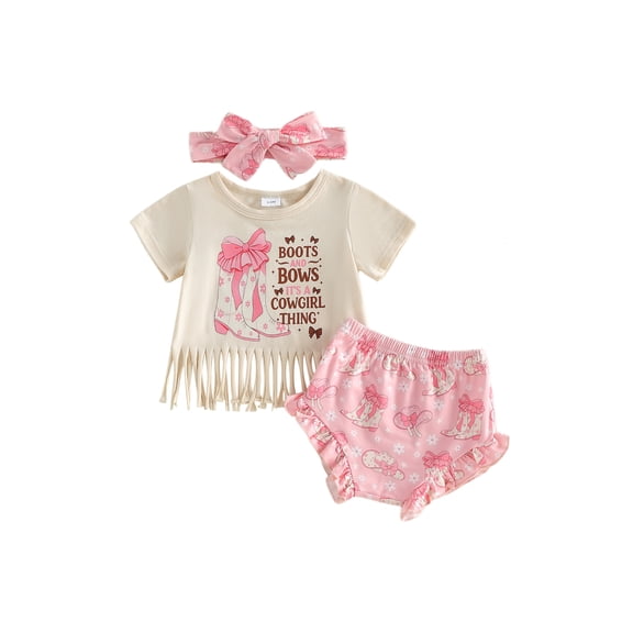 BemeyourBBs Newborn Baby Girls Summer Clothes Western Infant Baby Girls Cowgirl Outfits Short Sleeve Tassel Hem T Shirt Tops Boots Print Bloomerss Shorts Headband Sets