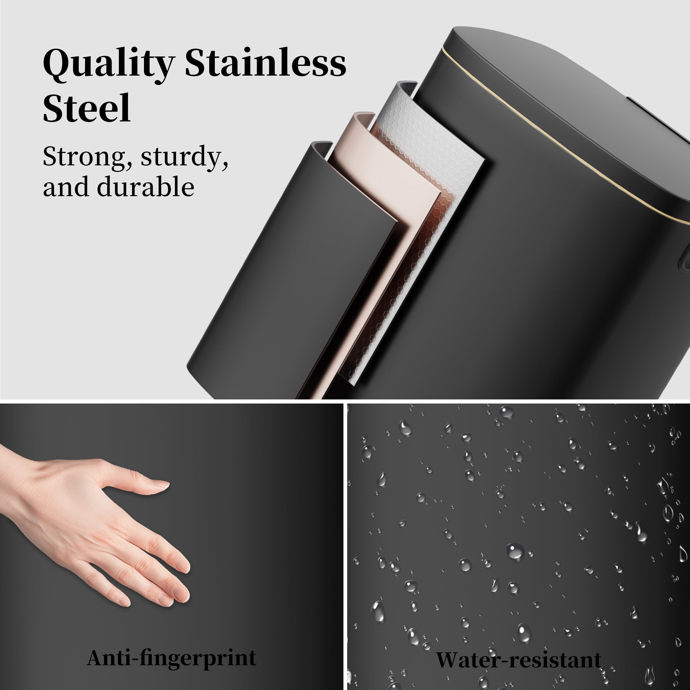 KSSKSS 13 Gallon Trash Can with Lid,Fingerprint-Proof Stainless Steel Kitchen Trash Can with Soft-Close Lid and Removable Inner Bucket,Black