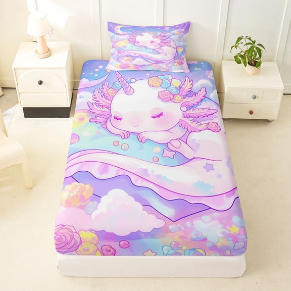 Manfei Sleeping Axolotl Twin Fitted Sheet, Dreamy Moon Cloud Bedding, Pastel Purple, 2 Pieces, 1 Fitted Sheet and 1 Pillowcase