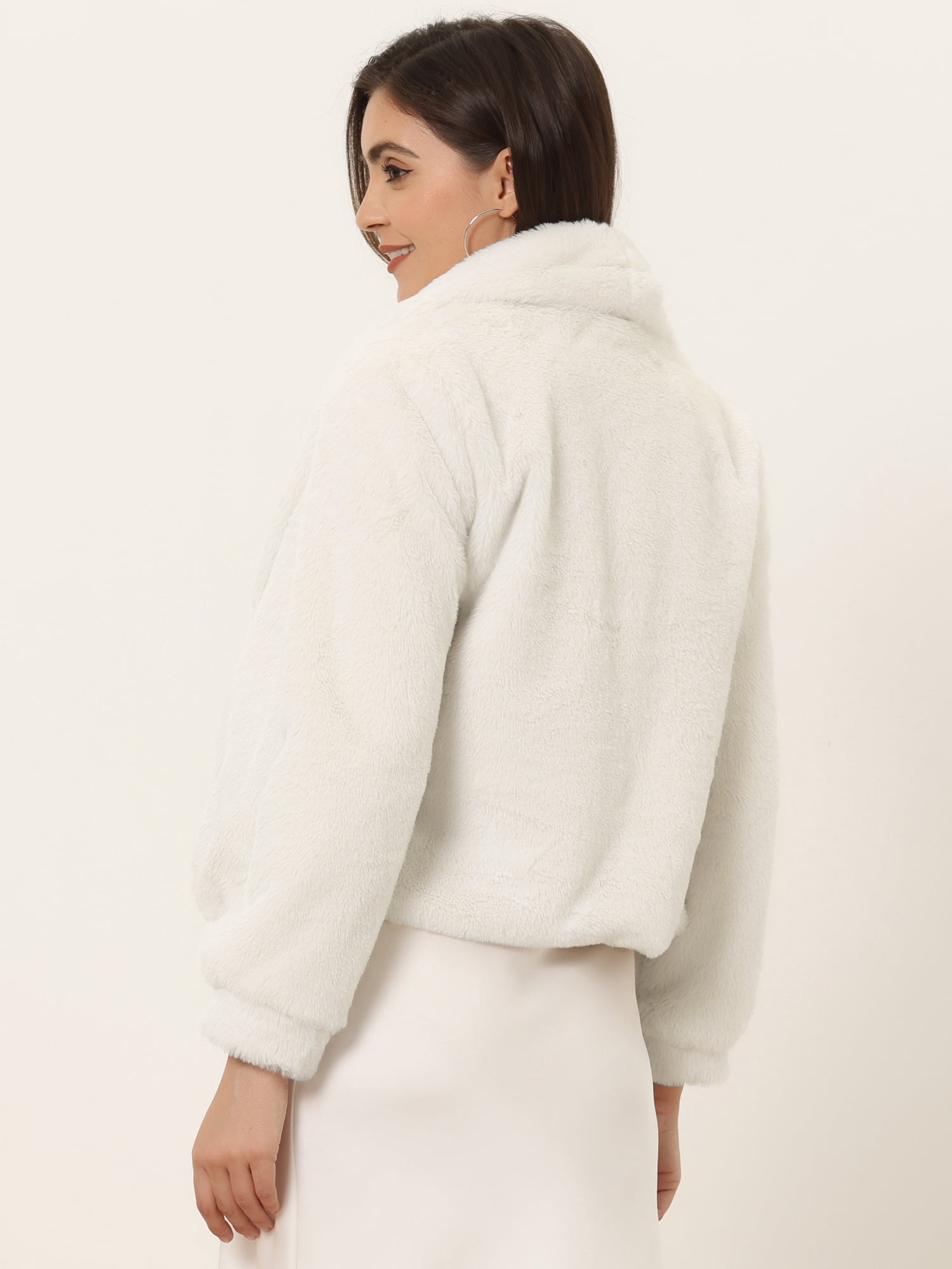 DARING DIVA Women's Notched Lapel Open Front Fleece Cropped Coat M Beige