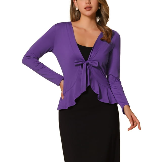 Cárdigan de punto abierto con mangas largas y dobladillo con volantes para mujer, con lazo en la parte delantera, talla XS, color púrpura profundo