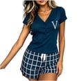 thumbnail image 2 of Mifsaly Summer Pajamas for Women Set Henley V Neck Short Sleeve Sleepwear Tops and Plaid Shorts Soft Comfortable Home Casual Nightwear Blue,S, 2 of 5
