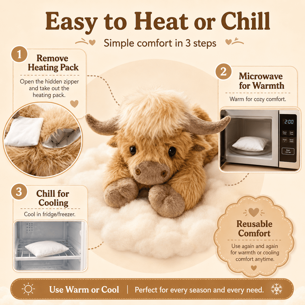 Highland Cow Weighted Stuffed Animal with Microwavable Heating Pad, Soft Fluffy Highland Cow Plush Toy, Heatable and Coolable Weighted Plush Warm Gift for Kids and Adults