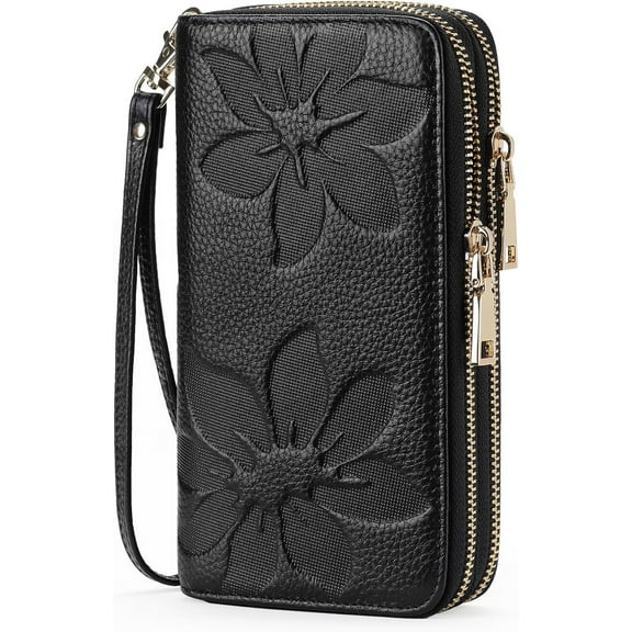 Women's Wallet Large Capacity Double Zip Around Credit Card Holder Leather Ladies Wallet with RFID Blocking Phone Wristlet Purse Black