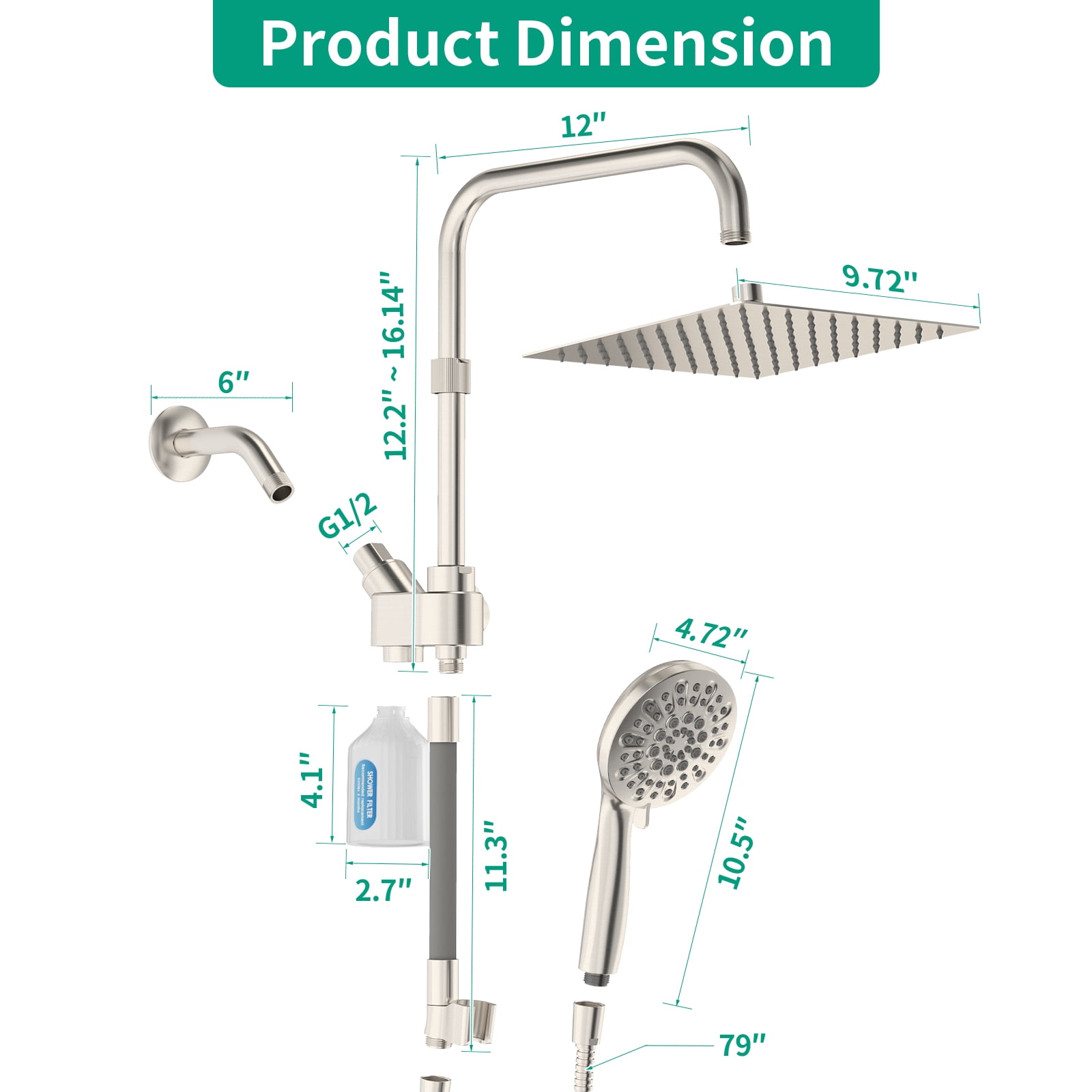 KAIYING 10" Filtered Rain Shower Head Combo, High Pressure Dual Shower Heads with Handheld Spray, Filter System, Extra Long Hose & Adjustable Extension Arm (Brushed Nickel)