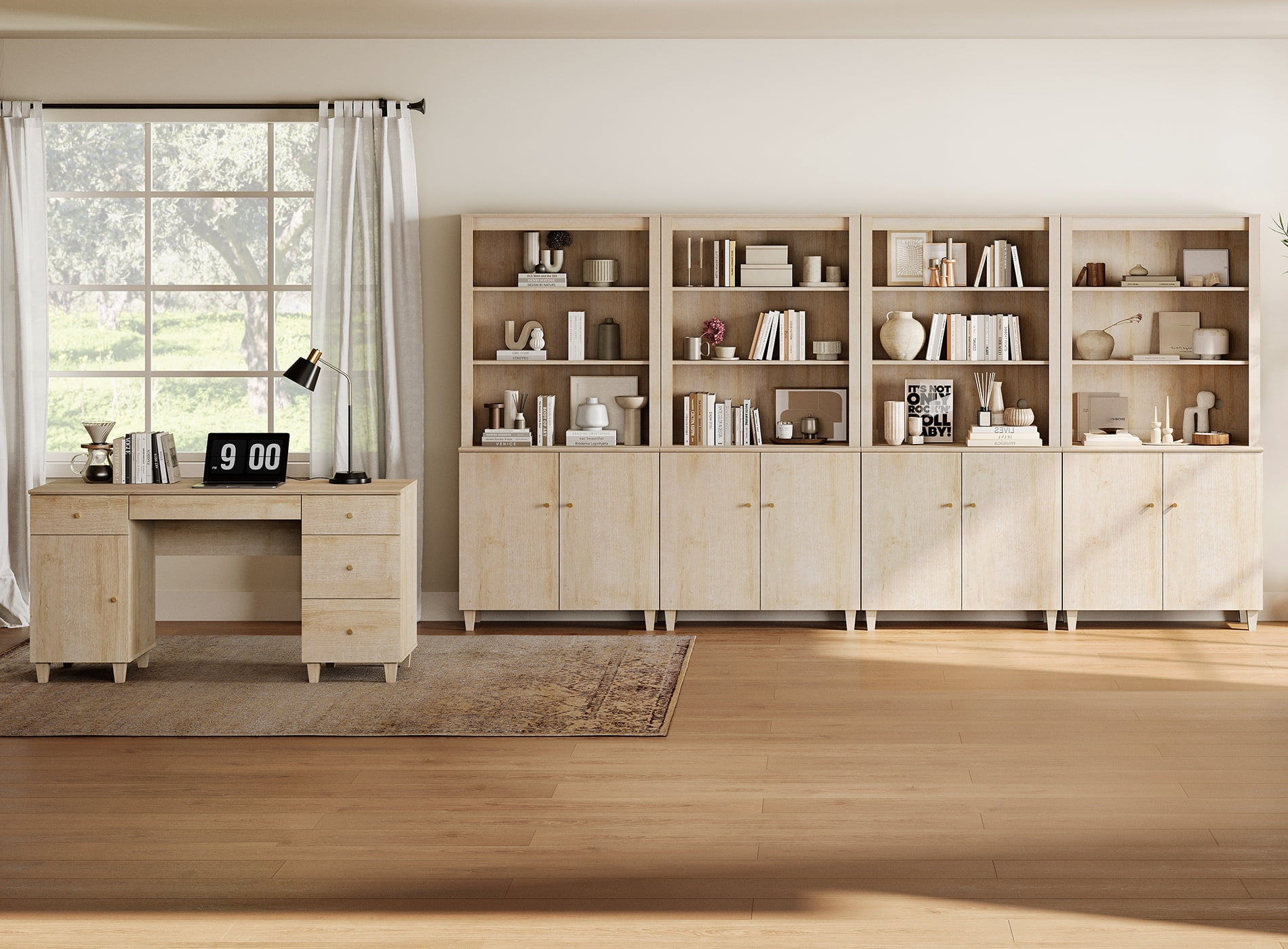 WAMPAT Home Office Furniture Set, 58" Executive Desk with Charging Station and Cabinet, 4-Column 71" Tall Bookcase with Doors and Adjustable Shelves for Living Room,Natural Oak