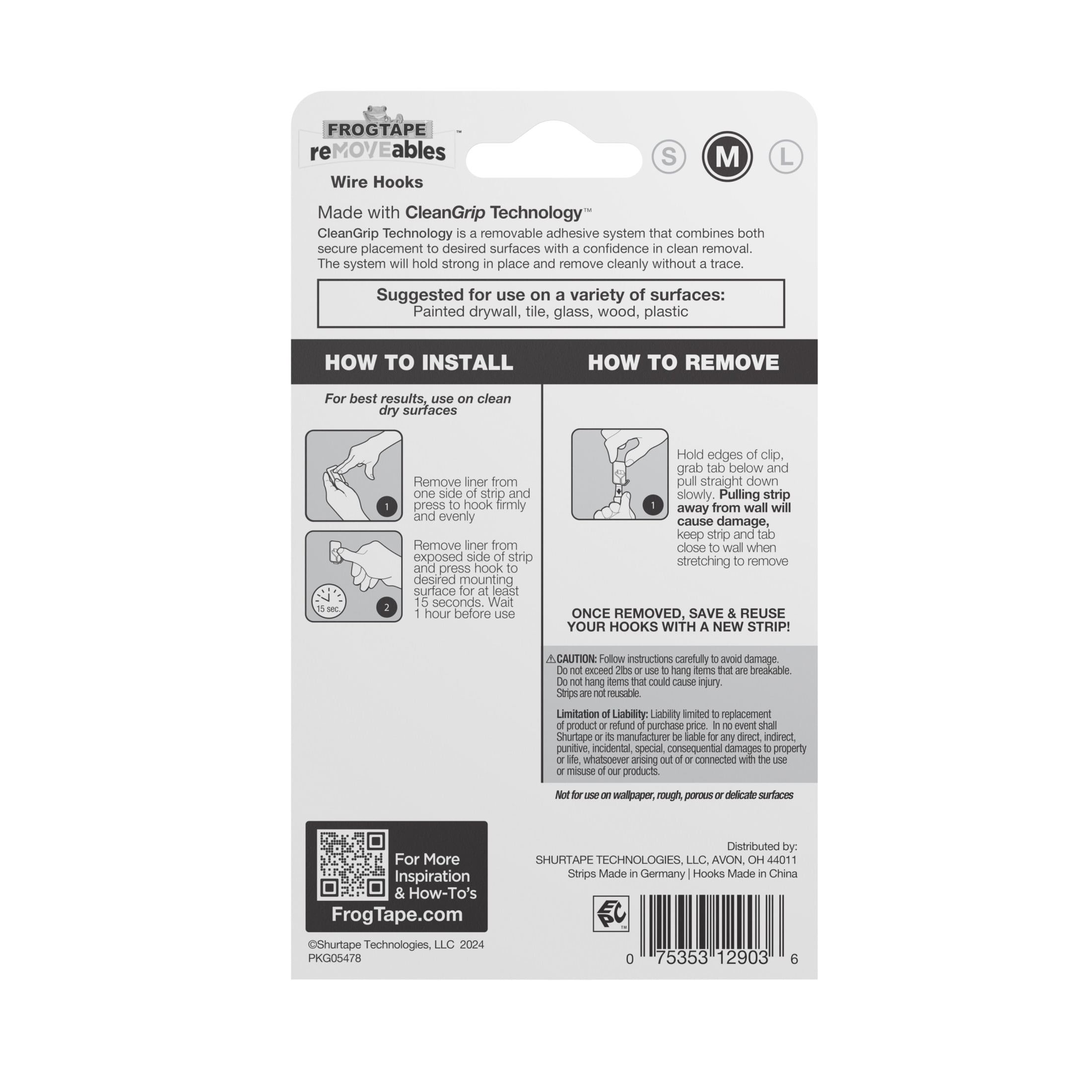 FrogTape reMOVEables Medium White Wire Hooks, 2 Hooks and 4 Adhesive Strips