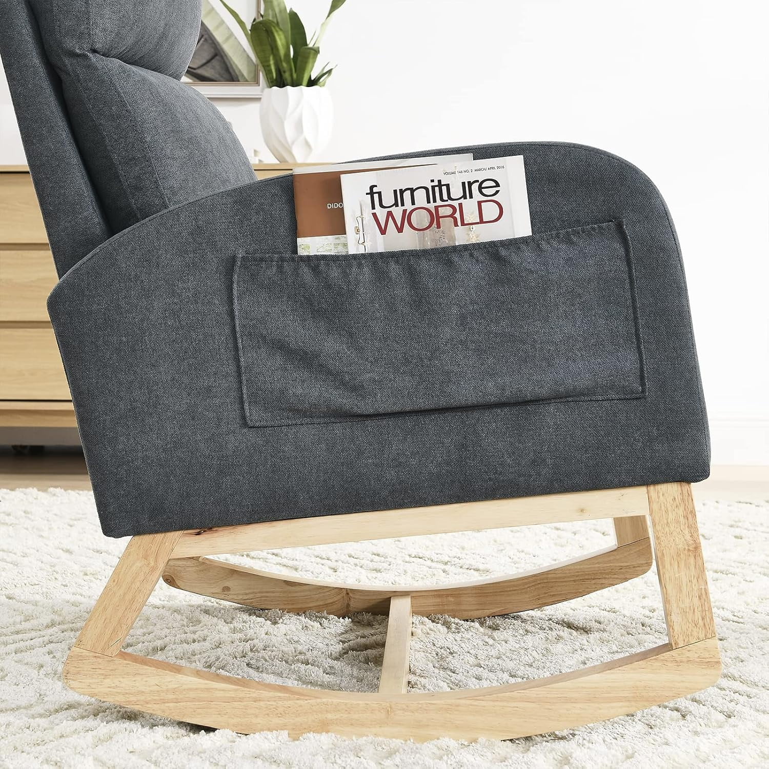 Nursery Rocking Glider Chair, Modern Fabric Tall Back Accent Rocker Chair Upholstered Arm Chair w/Side Pockets, Modern Leisure Single Sofa for Living Room, Hotel, Bedroom, Office, Grey